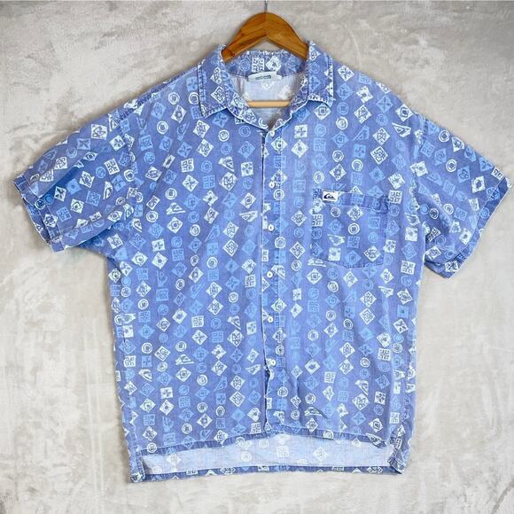 Vintage Quicksilver Master Plan Blue Cross Wave Shirt Men's Medium 90s Tribal